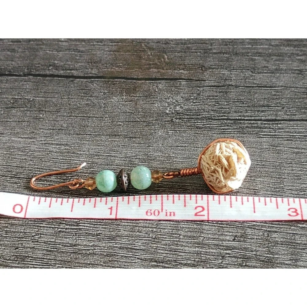 Desert Rose Selenite Light Seafoam Green Champagne Crystal Copper Wire Earrings